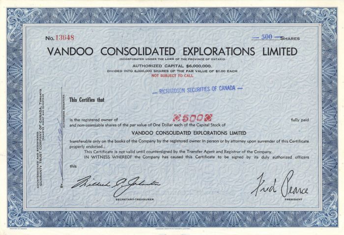 Vandoo Consolidated Explorations Limited - Stock Certificate