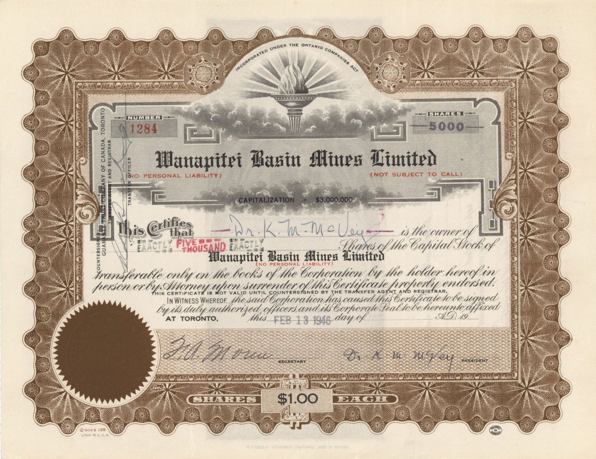 Wanapitei Basin Mines Limited - Canadian Mining Stock Certificate