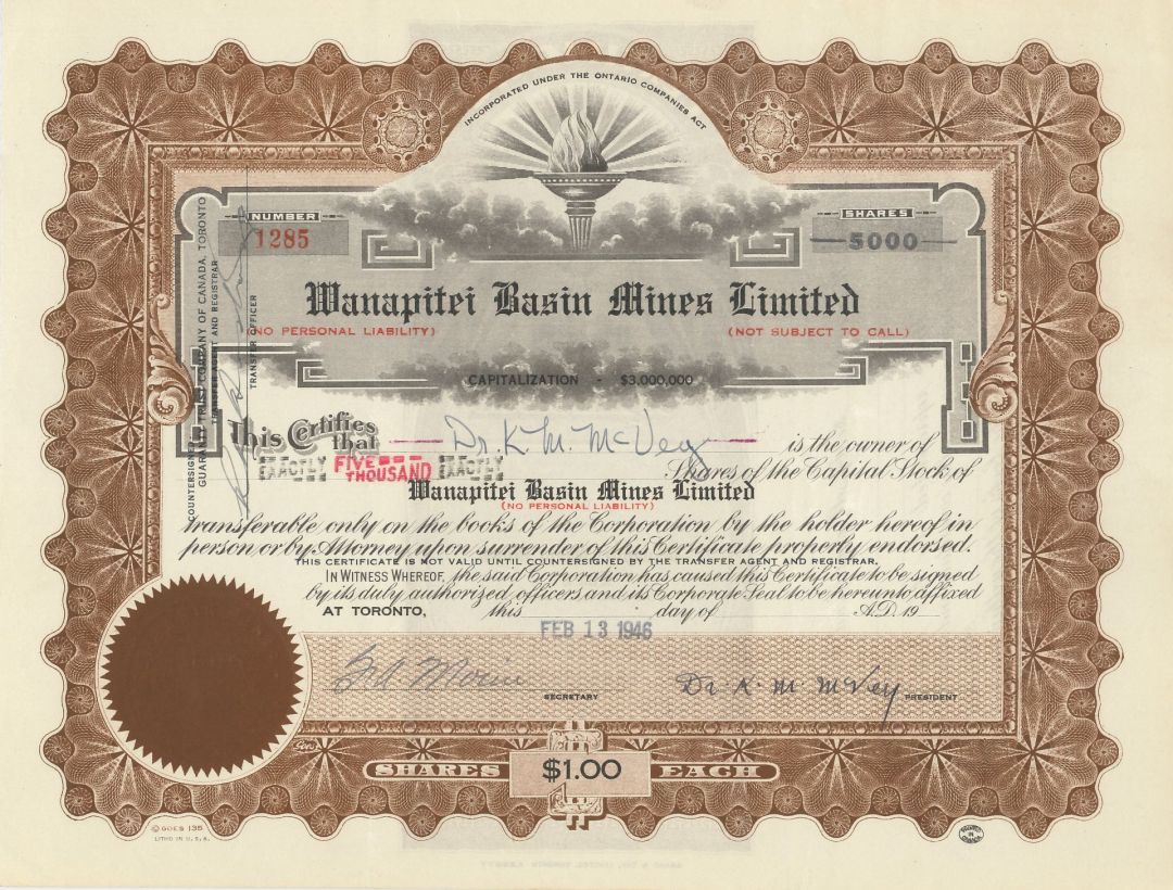 Wanapitei Basin Mines Limited - 1946 dated Canadian Mining Stock Certificate
