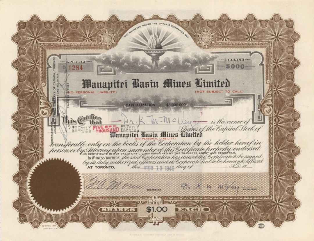 Wanapitei Basin Mines Limited - Canadian Mining Stock Certificate