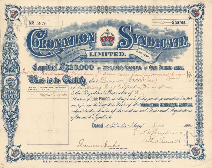 Coronation Syndicate Limited - Stock Certificate