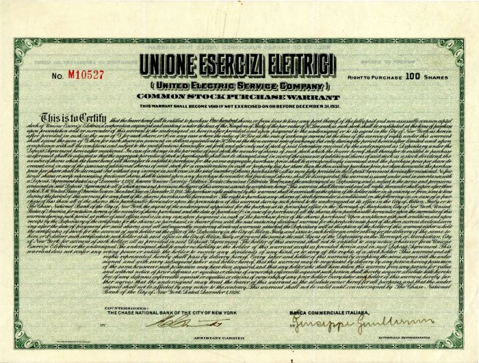 Unione Esercizi Elettrici (United Electric Service Company) - Stock Certificate