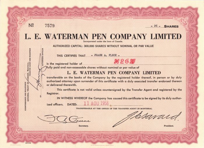 L. E. Waterman Pen Company Limited - Stock Certificate