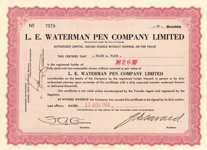 L. E. Waterman Pen Company Limited - Stock Certificate