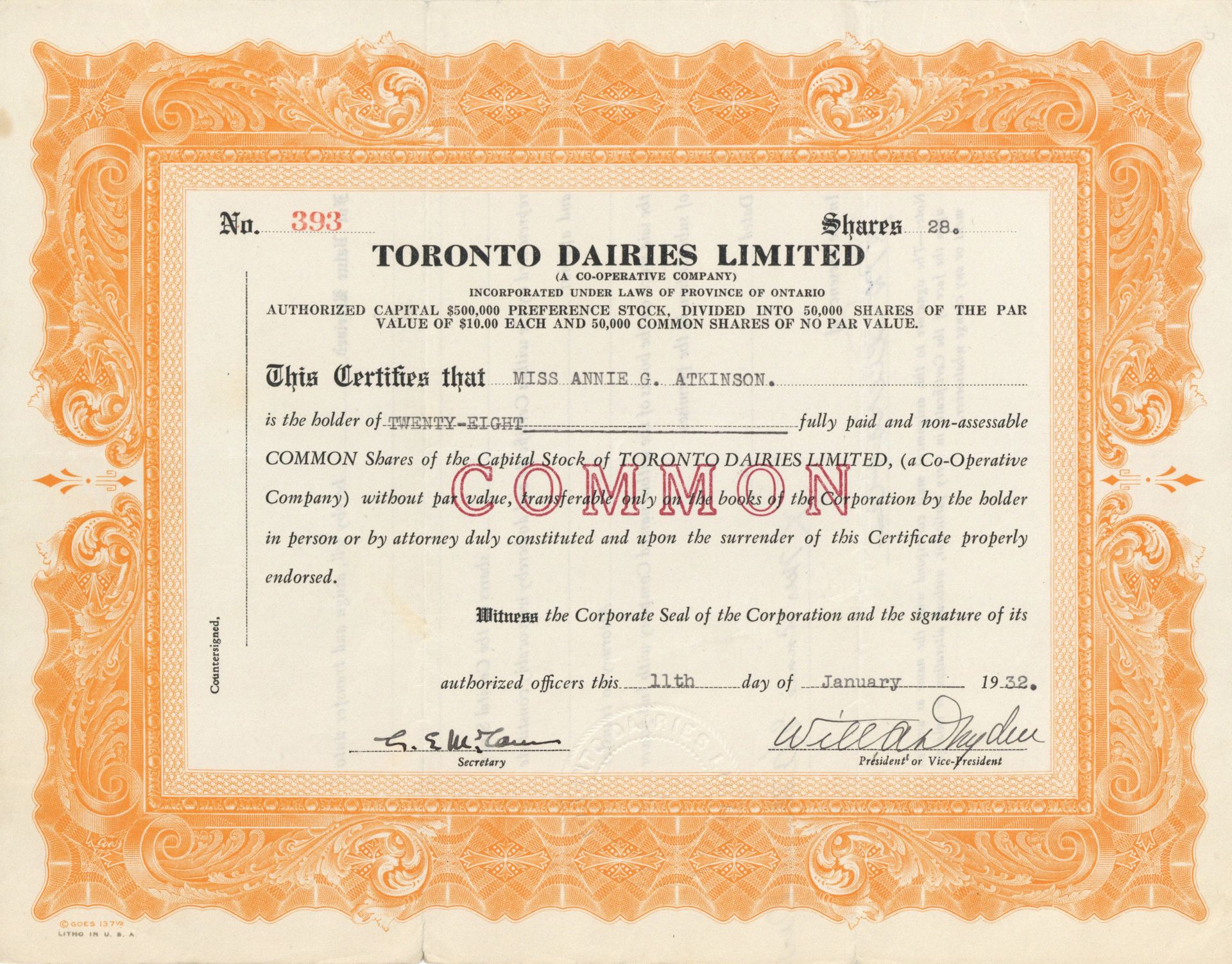 Toronto Dairies Limited - Stock Certificate