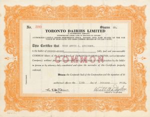 Toronto Dairies Limited - Stock Certificate