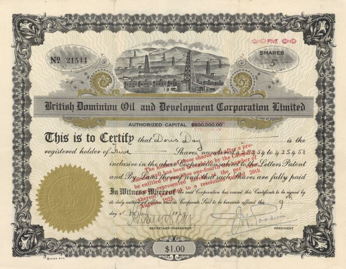 British Dominion Oil and Development Corporation Limited - Stock Certificate