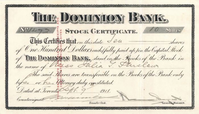 Dominion Bank - Canadian Banking Stock Certificate
