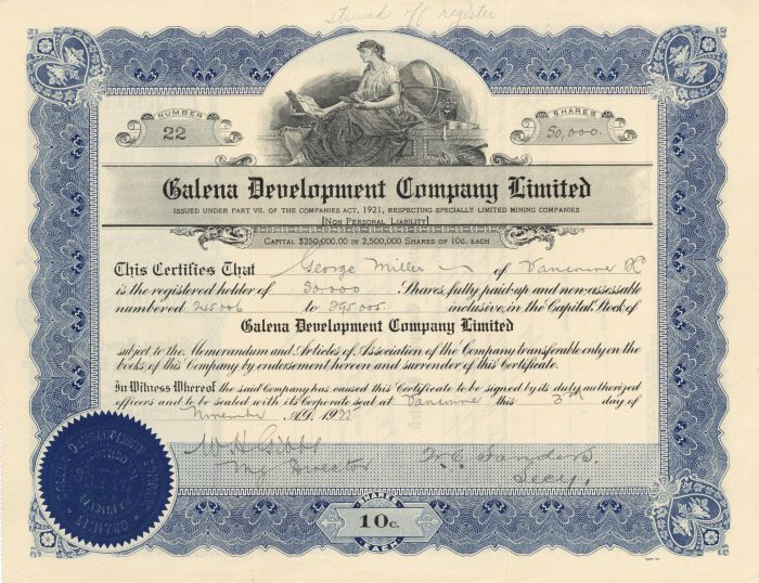 Galena Development Company Limited - Stock Certificate