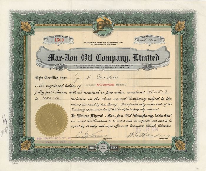 Mar-Jon Oil Company, Limited - Stock Certificate