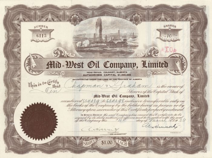 Mid=West Oil Company, Limited - Stock Certificate