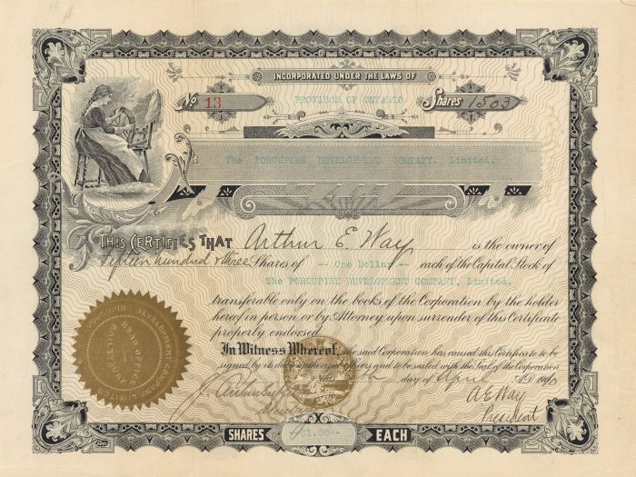 Porcupine Development Company, Limited - Stock Certificate