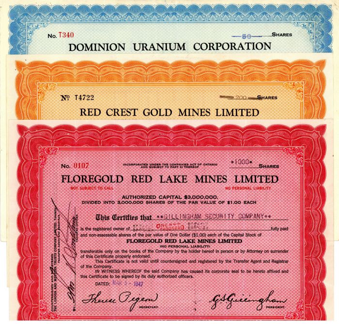 10 Different Canadian Miining Stocks - Stock Certificate