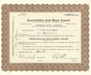 Amos-Cadillac Gold Mines, Limited - Stock Certificate