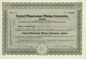 Central Matachewan Mining Corporation, Limited - Stock Certificate