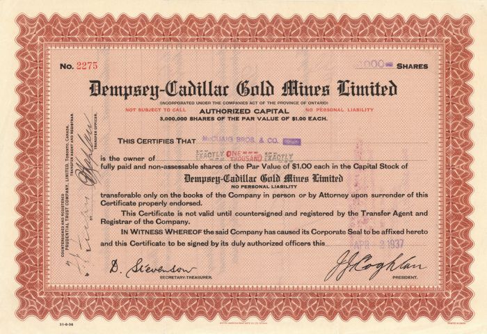Dempsey-Cadillac Gold Mines Limited - Stock Certificate