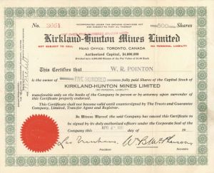 Kirkland-Hunton Mines Limited - Mining Stock Certificate