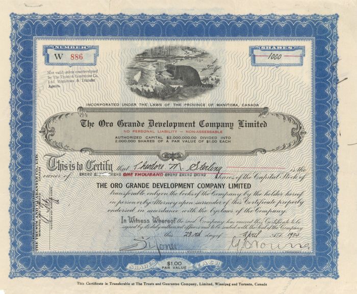 Oro Grande Development Company Limited - Stock Certificate