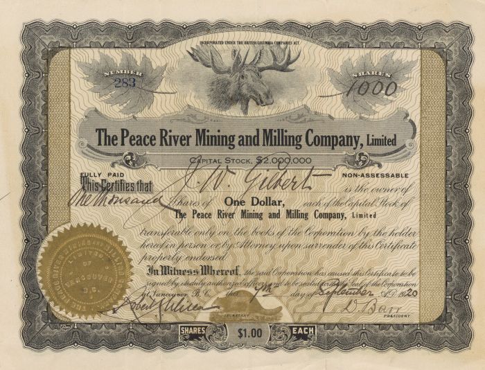 Peace River Mining and Milling Co., Limited - 1927 Canadian Mining Stock Certificate