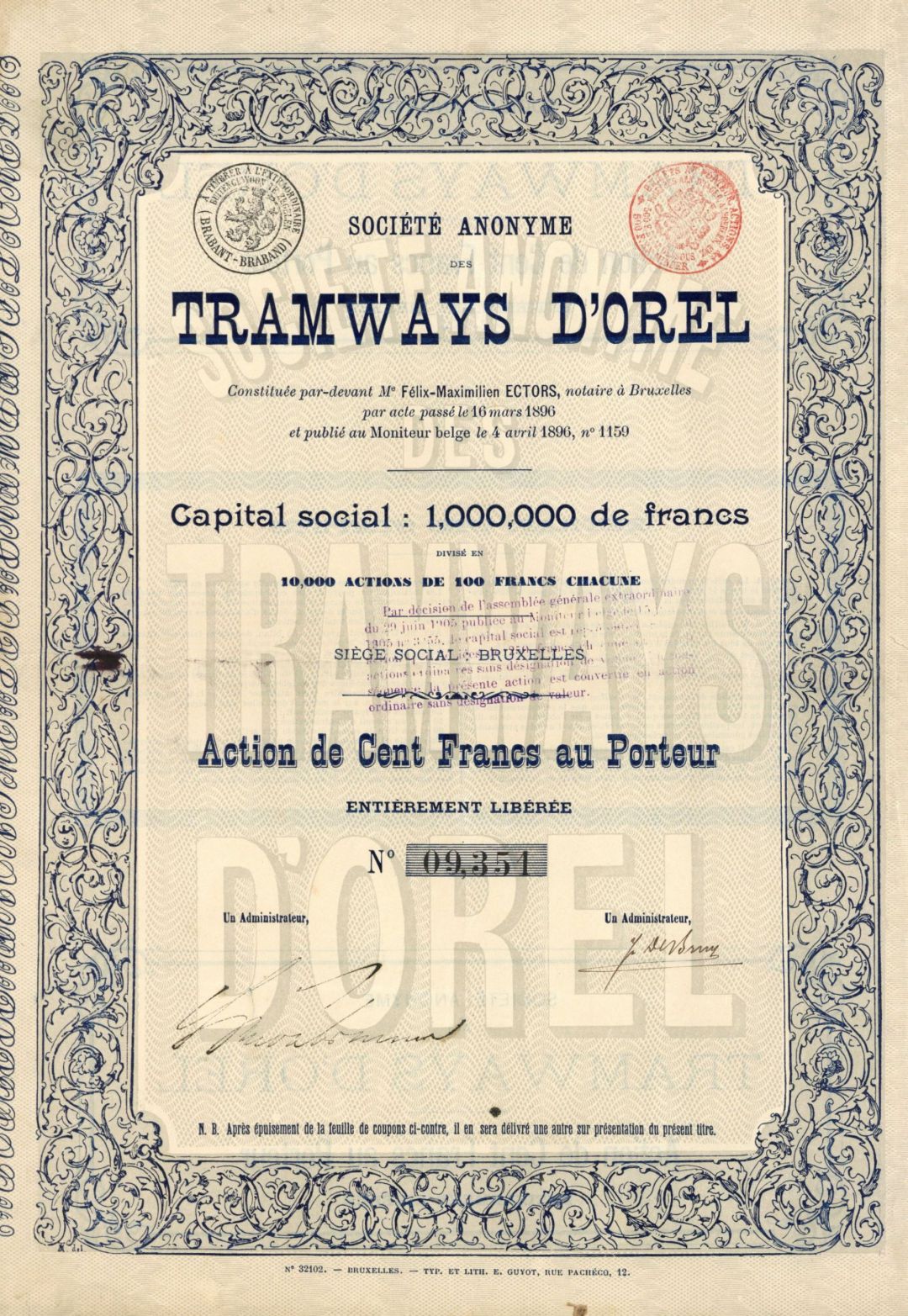 Societe Anonyme Des Tramways D'Orel - Stock Certificate