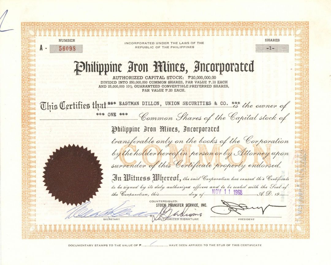 Philippine Iron Mines, Inc. - Foreign Stock Certificate