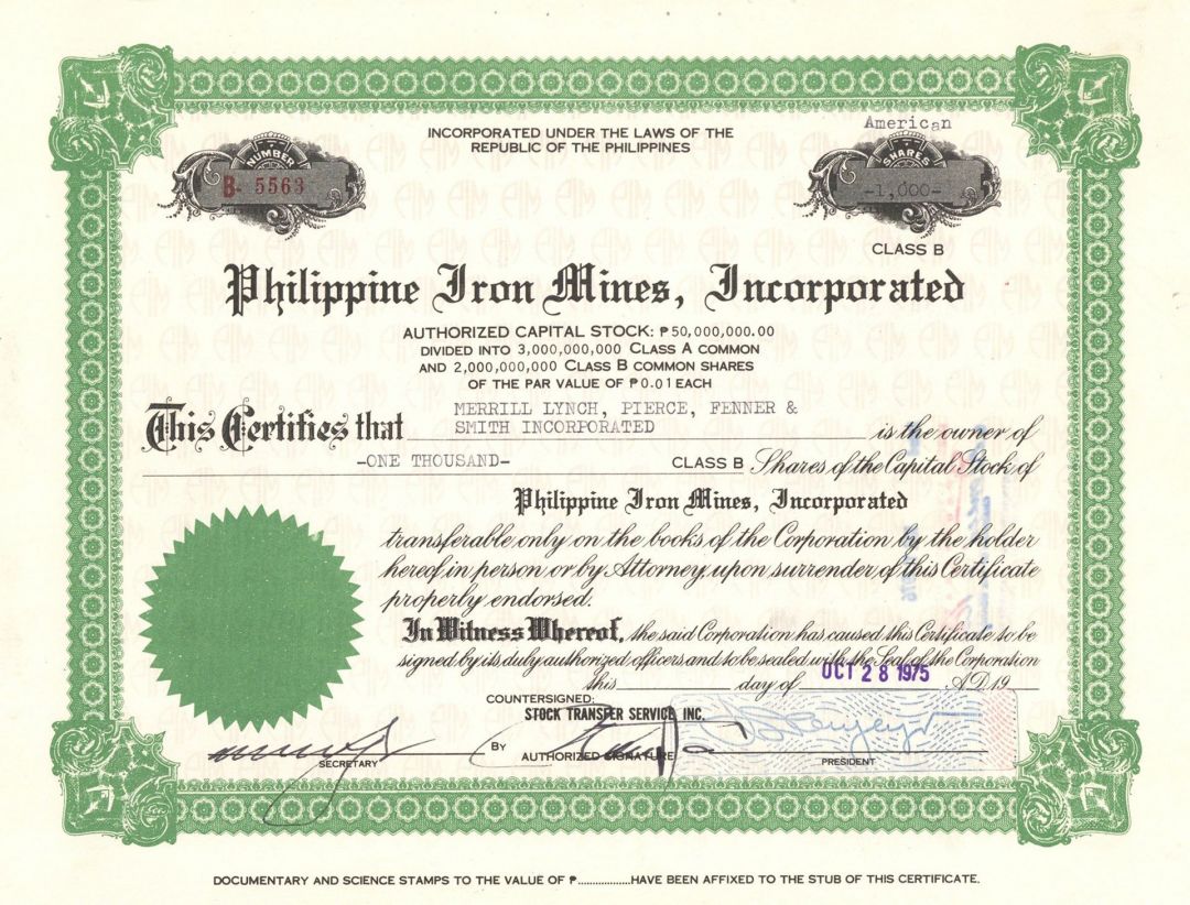 Philippine Iron Mines, Inc. - Foreign Stock Certificate