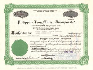 Philippine Iron Mines, Inc. - Foreign Stock Certificate