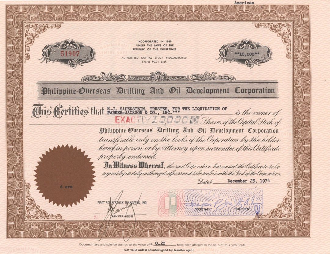 Philippine-Overseas Drilling and Oil Development Corp. - Foreign Stock Certificate
