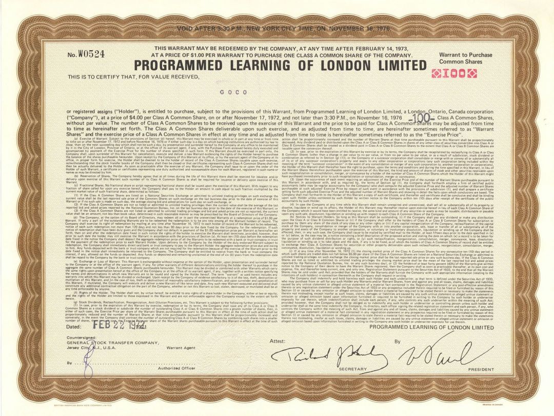 Programmed Learning of London Limited - Foreign Stock Certificate