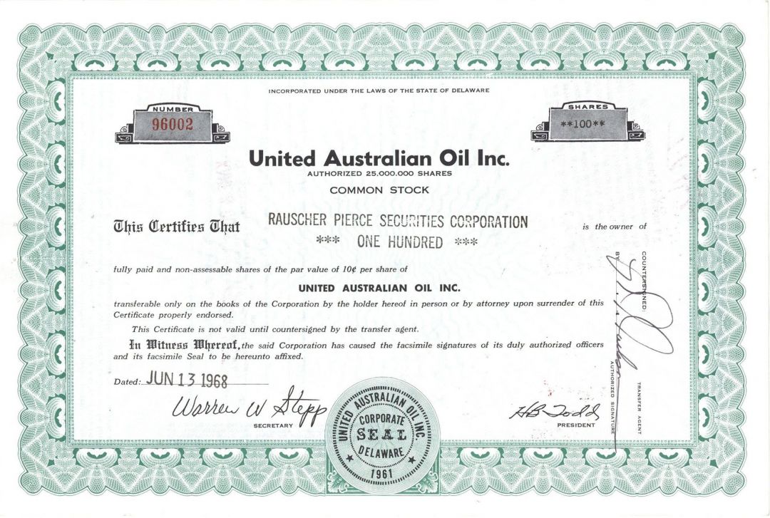 United Australian Oil Inc. - 1961-1970 dated Australia Stock Certificate