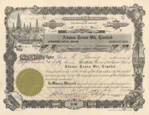 Adanar Texas Oil, Limited - Foreign Stock Certificate