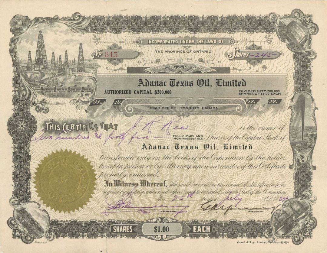 Adanar Texas Oil, Limited - Foreign Stock Certificate