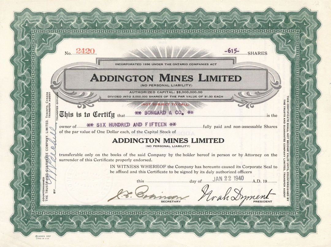 Addington Mines, Limited - Foreign Stock Certificate