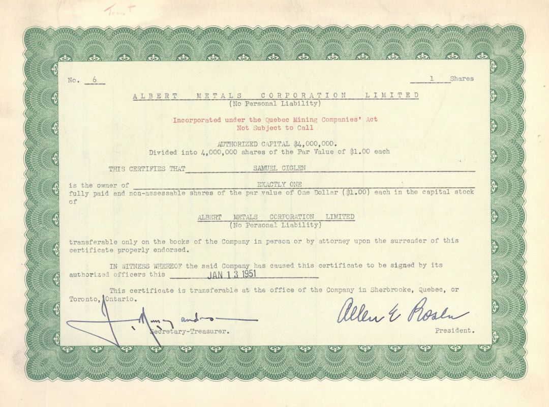 Albert Metals Corporation, Limited - Foreign Stock Certificate