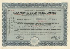 Alexandria Gold Mines, Limited - Foreign Stock Certificate