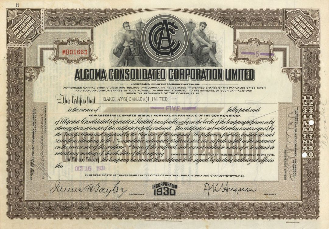 Algoma Consolidated Corporation, Limited - Foreign Stock Certificate