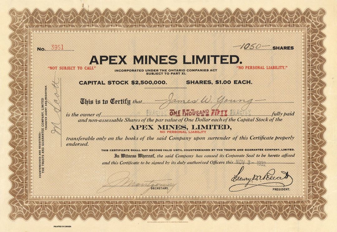Apex Mines Limited - Foreign Stock Certificate