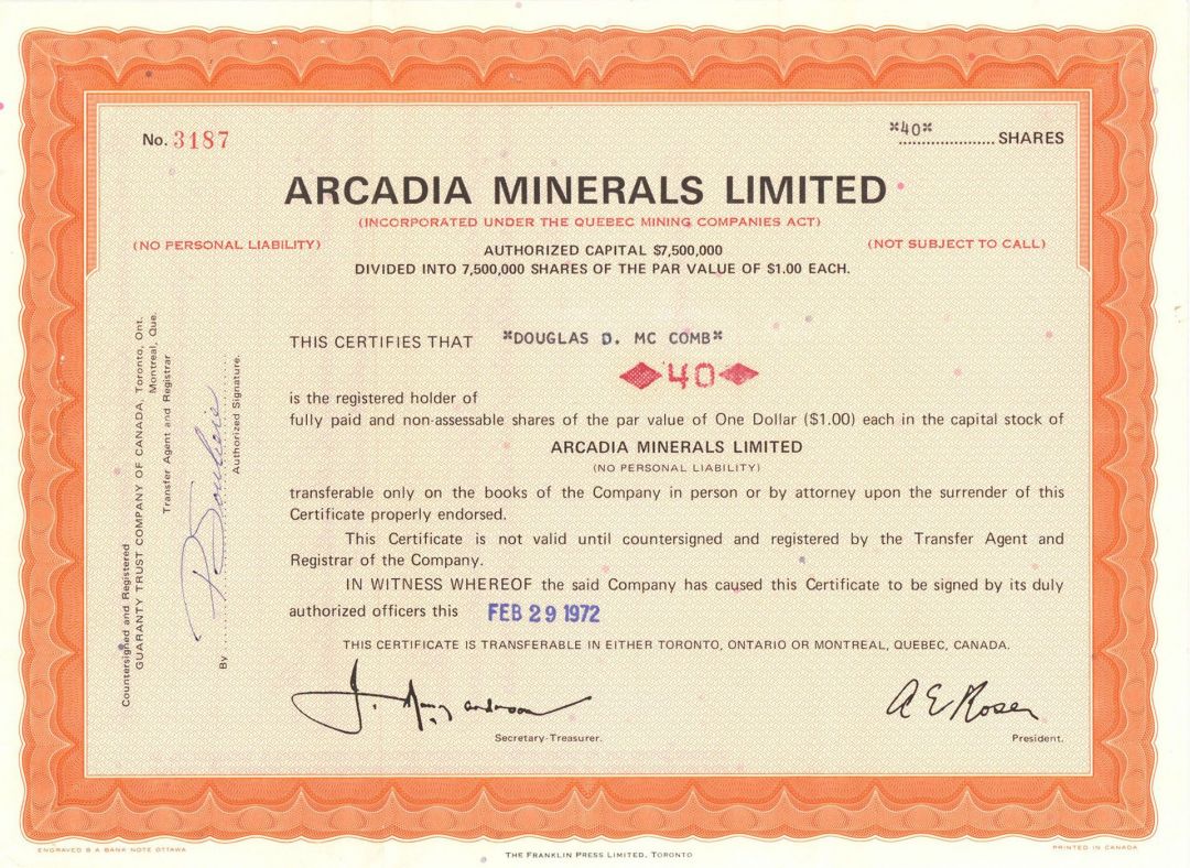 Arcadia Minerals Limited - Foreign Stock Certificate