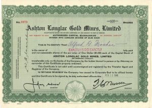 Ashton Longlac Gold Mines, Limited - Foreign Stock Certificate
