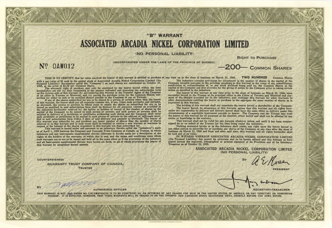 Associated Arcadia Nickel Corporation Limited - 1959 dated Canadian Stock Certificate