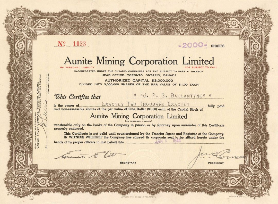 Aunite Mining Corporation Limited - Foreign Stock Certificate