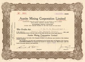 Aunite Mining Corporation Limited - Foreign Stock Certificate