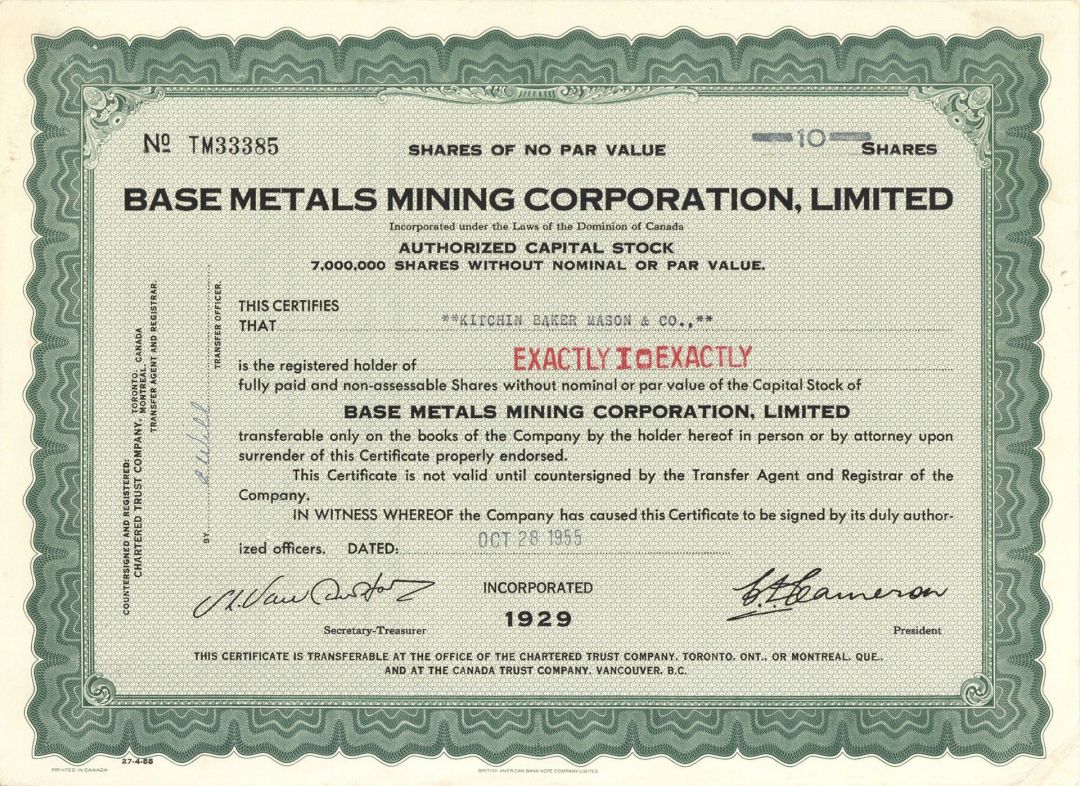 Base Metals Mining Corporation, Limited - Foreign Stock Certificate