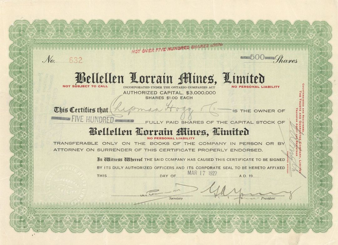 Bellellen Lorrain Mines, Limited - Foreign Stock Certificate