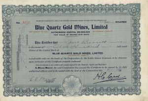 Blue Quartz Gold Mines, Limited - Foreign Stock Certificate
