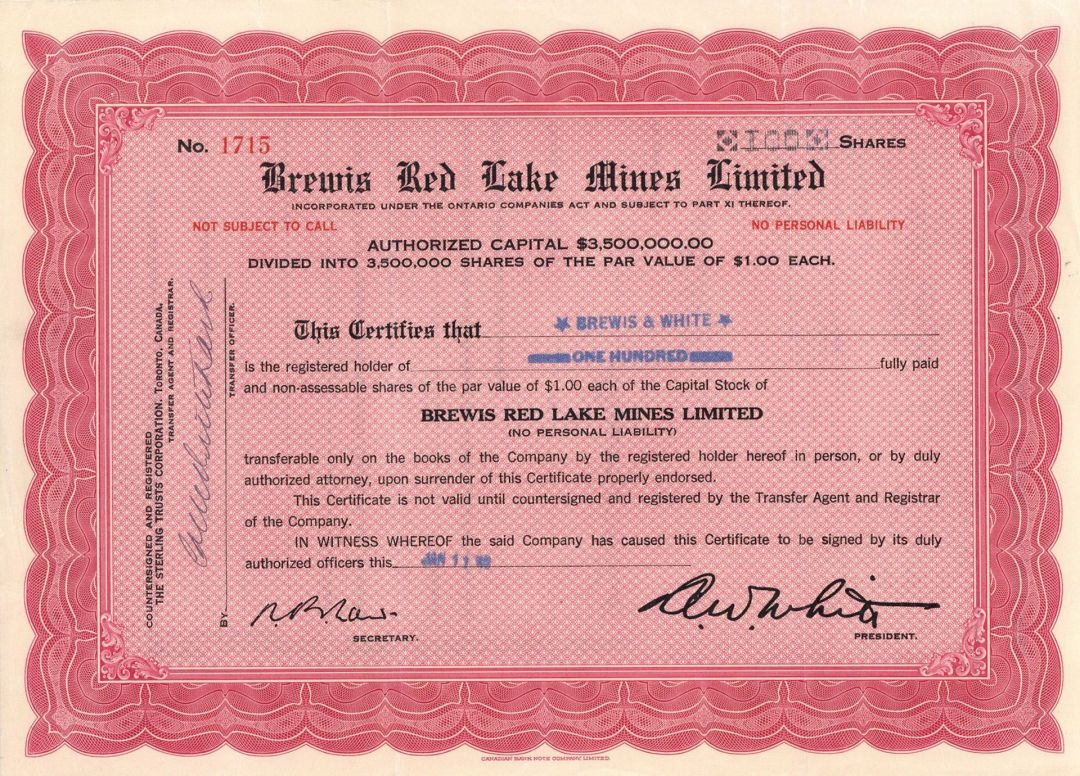 Brewis Red Lake Mines Limited - Foreign Stock Certificate