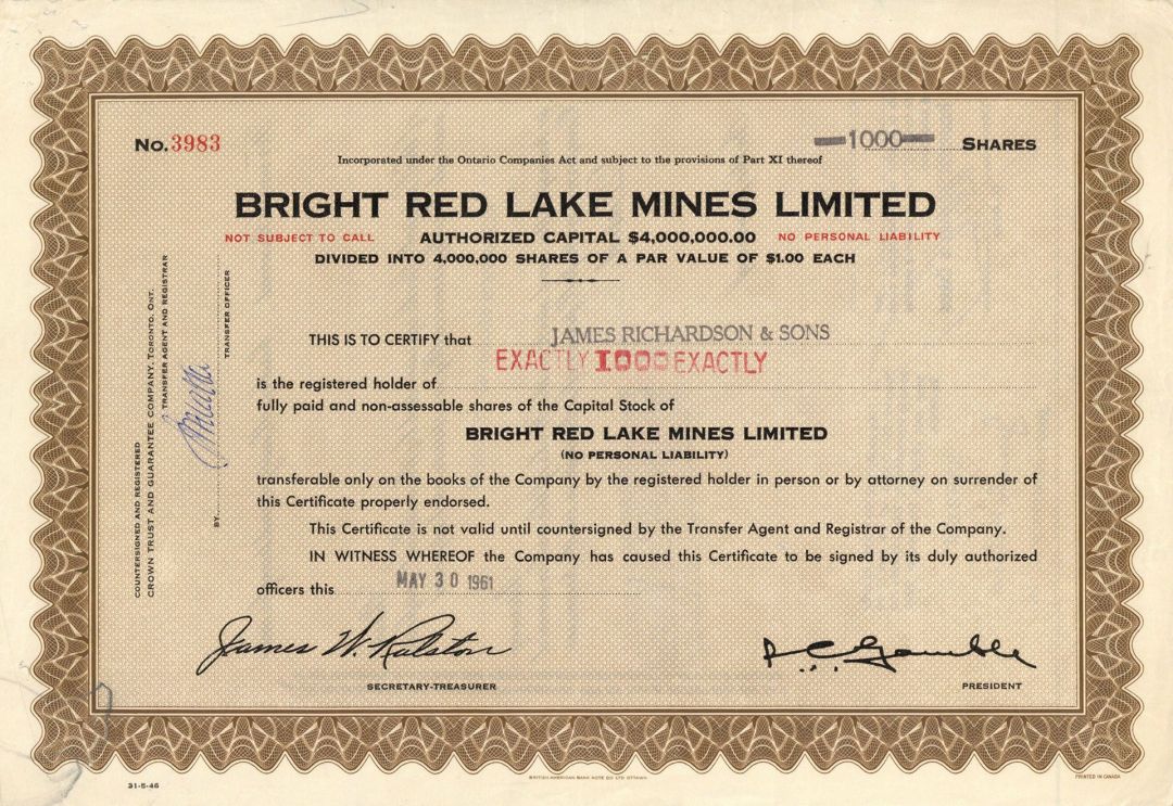 Bright Red Lake Mines Limited - Foreign Stock Certificate