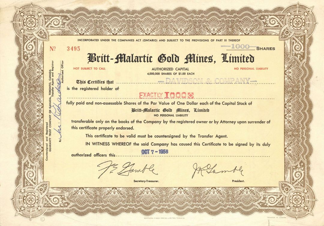 Britt-Malartic Gold Mines, Limited - Foreign Stock Certificate