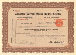 Canadian Lorrain Silver Mines, Limited - Foreign Stock Certificate