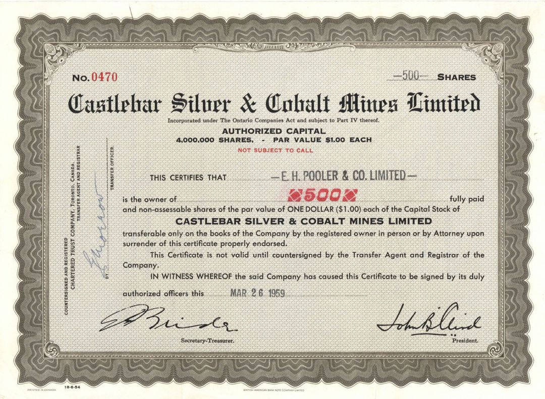 Castlebar Silver and Cobalt Mines Limited - Foreign Stock Certificate